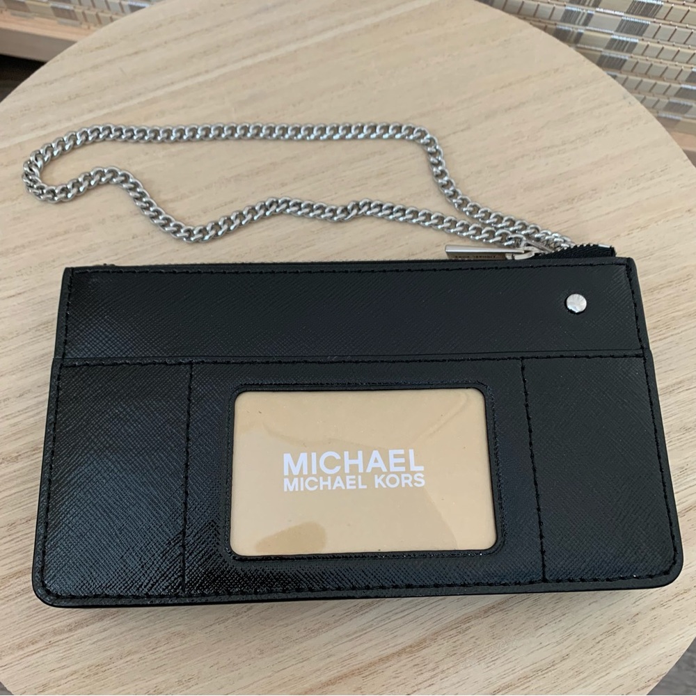 Michael Kors Card Wallet Black Leather Silver Chain Wristlet - Picture 3 of 5